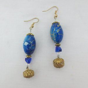 Bright Blue & Gold Art Splash Boho Dangle Earrings